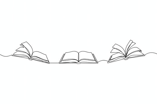 Simple continuous single line of three open books in a row, minimalist black and white on a plain white background surface