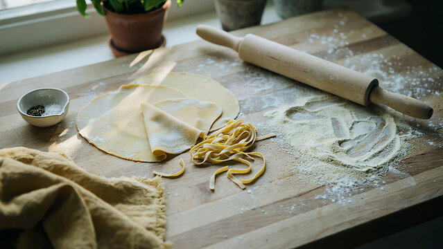 Wooden rolling pin and pasta dough on a kitchen countertop
