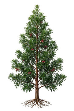 Ultra-realistic mature Chilean Podocarp (Podocarpus nubigenus), elegant evergreen conifer with narrow pyramidal crown, dense glossy dark-green lanceolate leaves, graceful branches,