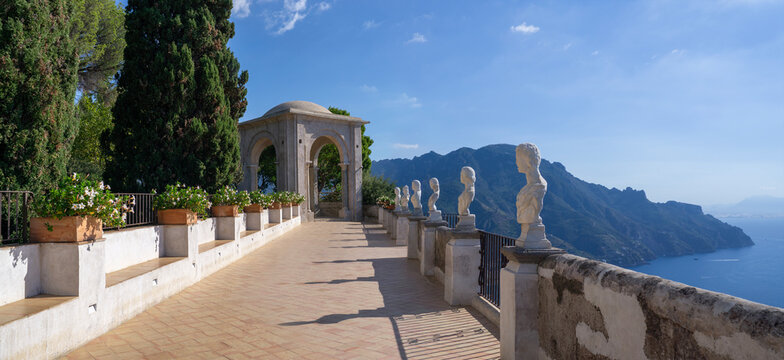 Terrace of Infinity, a beautiful belvedere with marble busts inside the iconic Villa Cimbrone, historic villa in Ravello, on the Amalfi Coast