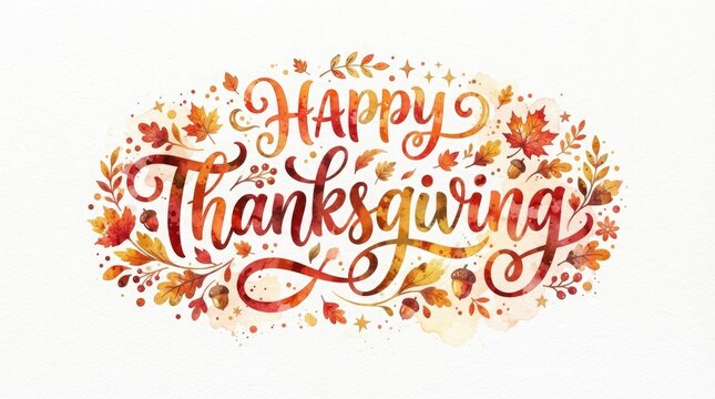 A beautiful and festive thanksgiving illustration with watercolor leaves and elegant calligraphy