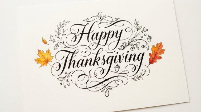 A beautiful artistic rendering of 'happy thanksgiving' with autumnal leaf accents and elegant calligraphy