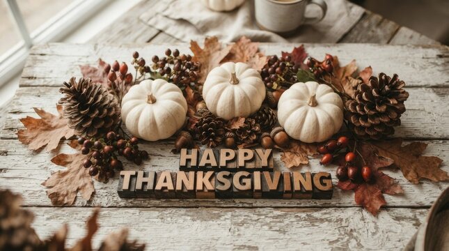 A beautiful thanksgiving scene featuring white pumpkins pinecones and autumn foliage creating a warm ambiance