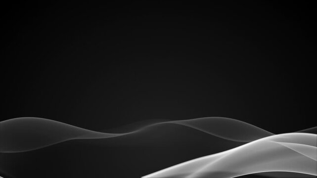 Blurred light waves flow on a dark monochrome background. Smooth silky ribbons create elegant abstract motion, black white gradient, 4K seamless loop.