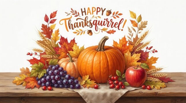 A festive thanksgiving scene pumpkins autumn leaves and a happy 'thanksqueered' greeting