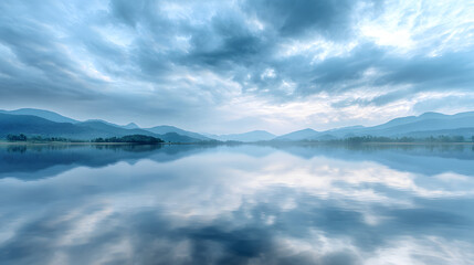 Fototapeta premium Serene landscape featuring calm blue water reflecting dramatic cloudy sky above distant layered mountain ranges during daytime