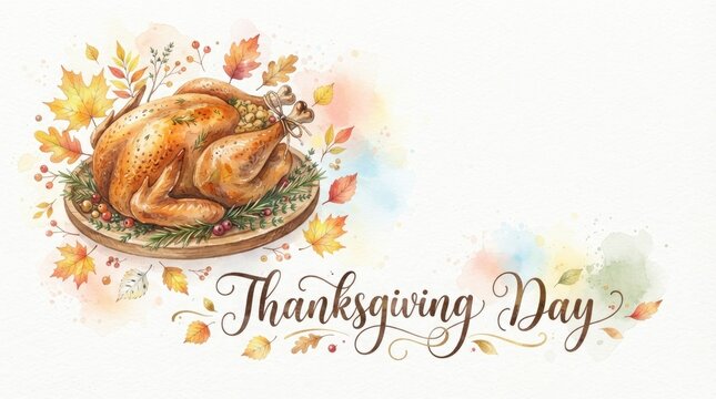A beautiful thanksgiving day feast with roasted turkey and festive autumn decorations