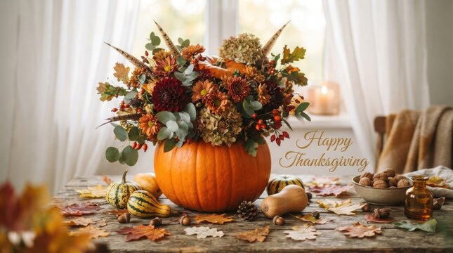 A beautiful autumn floral arrangement centered in a vibrant orange pumpkin for thanksgiving celebrations