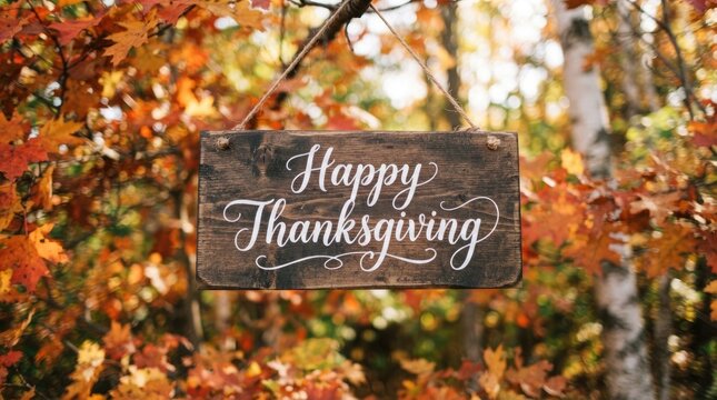 A beautiful autumnal thanksgiving scene with vibrant foliage and a heartfelt celebratory message