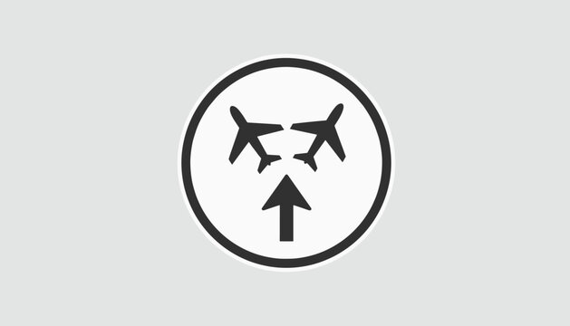 Flight safety warning sign with two approaching airplanes and arrow represents aviation traffic and collision avoidance.