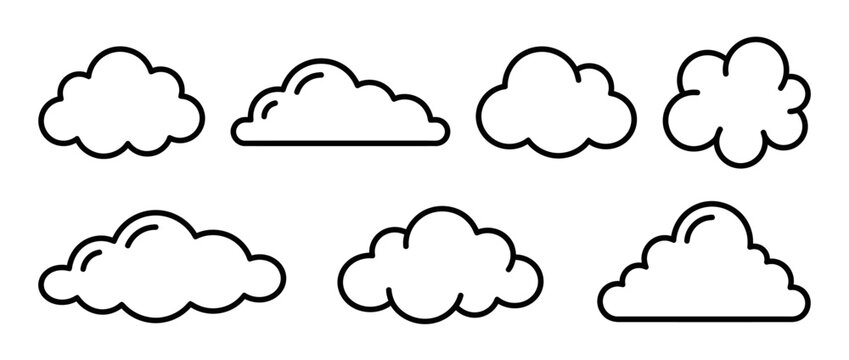Cute cloud icons set featuring various fluffy weather outlines in simple black line art