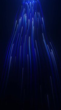 Big data flows at light speed upward. Abstract quantum computing stream, cyberspace qubit trails. Glowing blue trails, futuristic digital motion, loop. Vertical mobile video 4K 60fps.