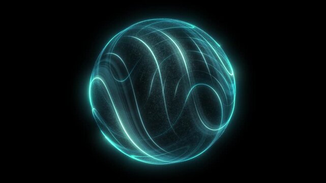 glowing sphere blue lines and grain texture Cyan turquoise holographic on black. Futuristic digital globe for data visualization, looped.