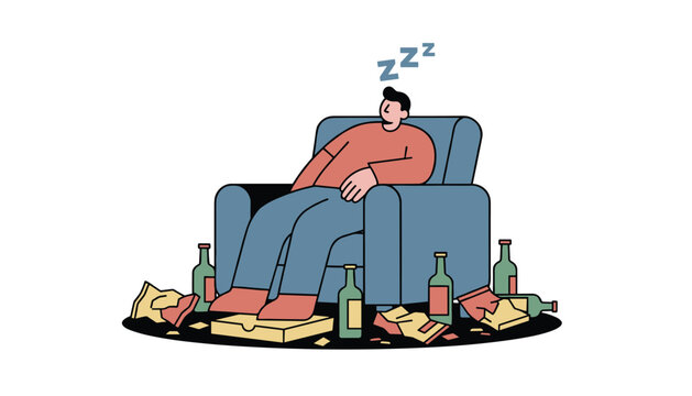 Sleepy young man taking a nap on an armchair after a messy party surrounded by empty glass bottles, pizza box, and snack packages.