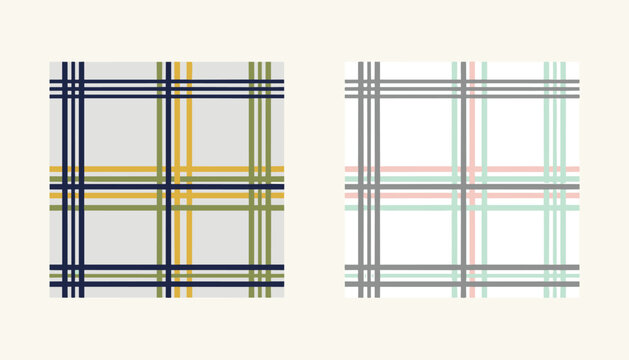 Two colorful plaid seamless fabric pattern swatches featuring thin intersecting stripes on light cream backgrounds.