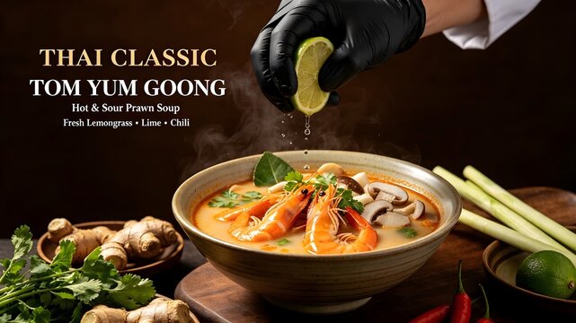 Tom Yum Goong, Thai food, spicy prawn soup cooking with lime squeeze
