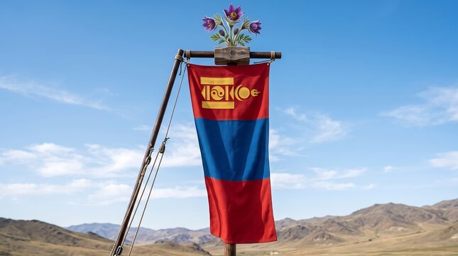 Mongolian flag with soyombo symbol and purple pasqueflowers on a pole in the steppe