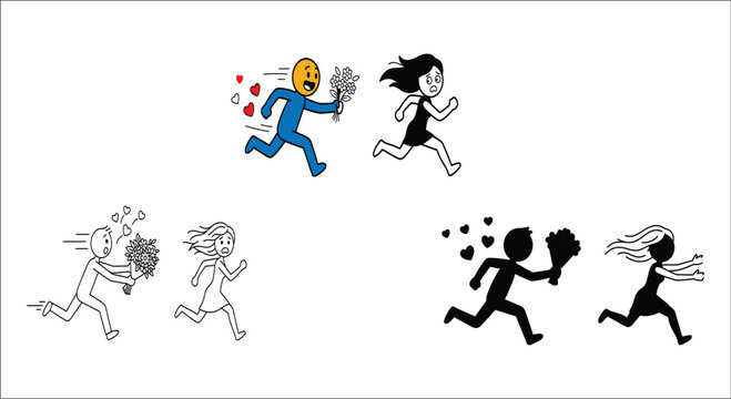 Vector illustration of running couple with bouquet and hearts in cartoon style man woman flowers pose love theme