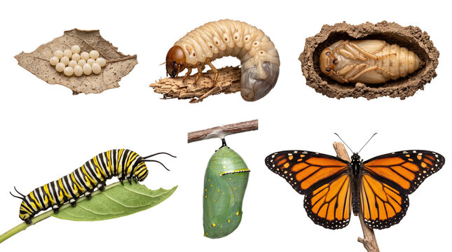 Butterfly life cycle stages, transparent PNG isolated, egg, larva, pupa, and adult monarch butterfly metamorphosis, educational science concept, generative AI