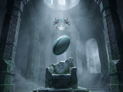 Rugby ball floating above a stone throne with a crown in a mystical ancient temple
