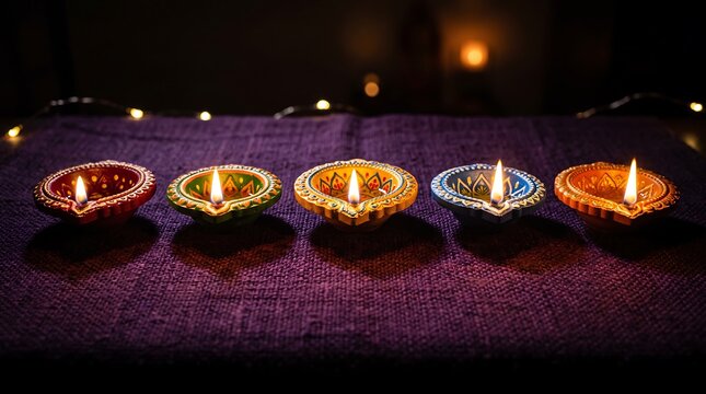 Row of Five Ornate Traditional Indian Clay Oil Lamps (Diyas) Glowing on Textured Surface