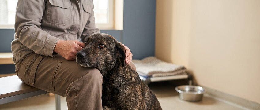 Shelter dog resting against a volunteer during gentle care in a clean animal shelter for pet adoption, animal welfare and rescue support concept