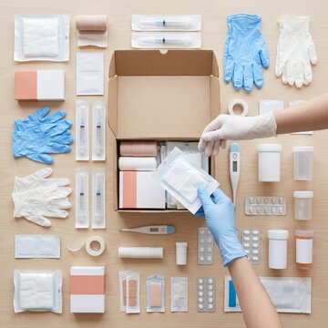 Medical supplies donation drive with open aid box, bandages, gloves and thermometer being packed for humanitarian relief and nonprofit healthcare support