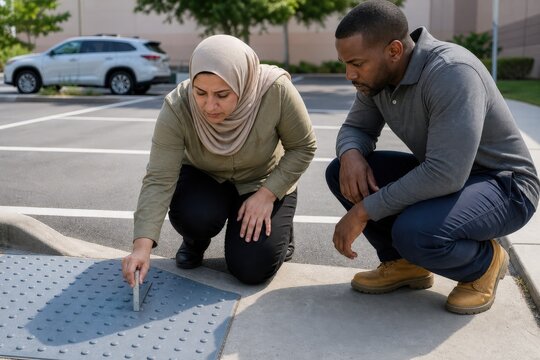 Tactile paving inspection - a consultant and contractor verifying curb setback