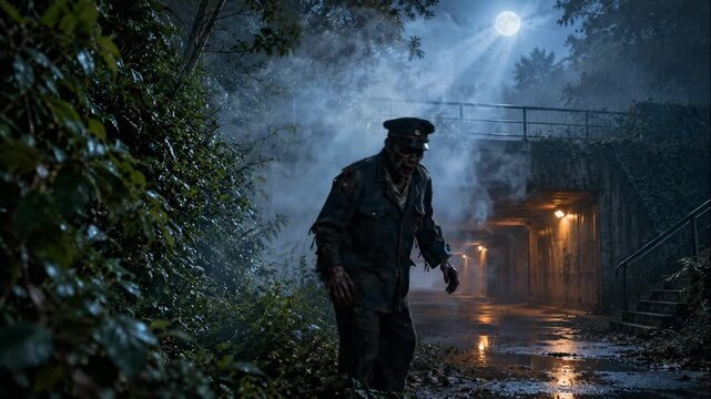 Zombie walking near a dark tunnel under a full moon at night for Halloween horror concept