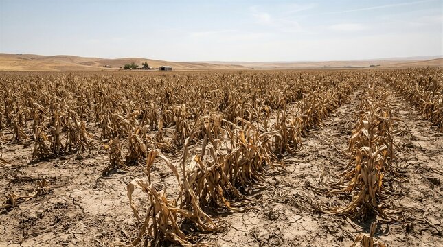 Dried corn rows stretching across barren farmland landscape