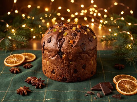Elegant Christmas Panettone with Dark Chocolate and Citrus on Linen Tablecloth with Bokeh Lights