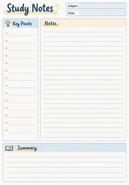 Study notes layout with lined sections for key points and summary