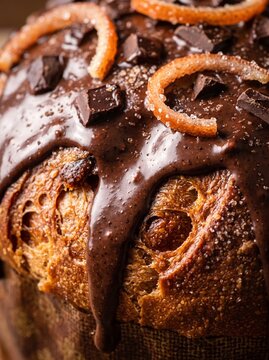 Macro Close Up of Glossy Dark Chocolate Drip and Grapefruit Zest on Panettone Crust