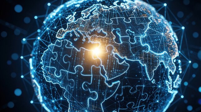 Abstract blue digital globe made of puzzle pieces. Glowing world map shows global network connections, data links. Futuristic concept of tech ecosystem, internet communication, worldwide API