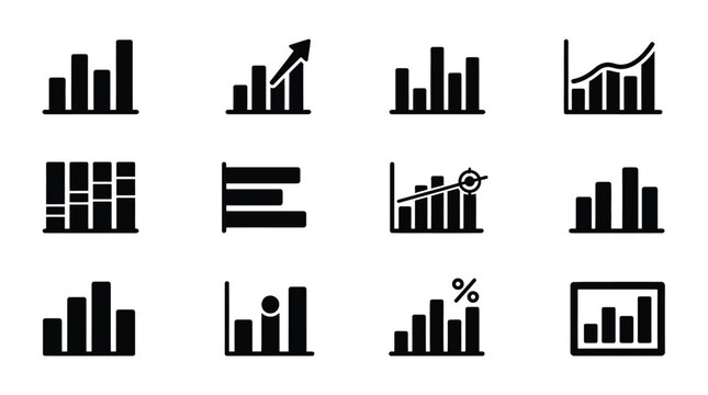 Set of various black line style icons representing different chart types