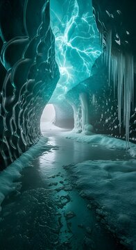 A refreshed and expressive rephrasing of ice cave interior glowing with soft teal bioluminescence, wallpaper, giving it a more contemporary descriptive tone.