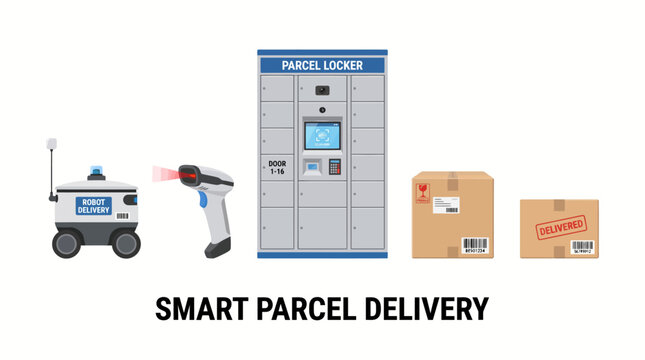Very beautiful flat realistic vector collection of smart parcel delivery equipment, automated parcel locker, delivery robot, barcode scanner and shipping boxes, bold label "SMART PARCEL DELIVERY", cen