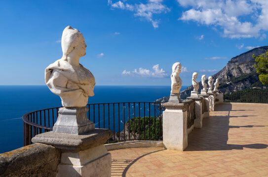 Terrace of Infinity, a beautiful belvedere with marble busts inside the iconic Villa Cimbrone, historic villa in Ravello, on the Amalfi Coast