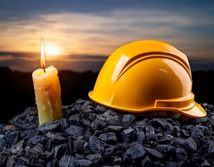 vigil light candle with mining helmet on coal after accident