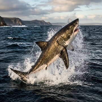 Great white shark breaching the surface of the ocean with water spray in a dramatic wide angle outdoor nature photography shot