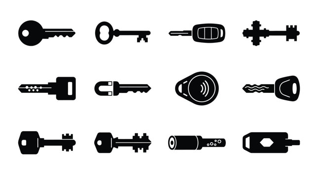 Various types of keys and electronic lock icons in simple black line art style