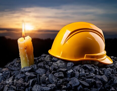 vigil light candle with mining helmet on coal after accident