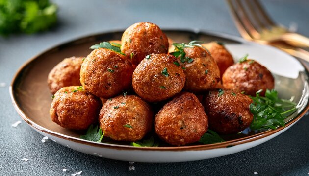 close up of golden fried meatballs with herbs on a plate