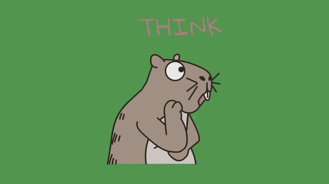 Cartoon beaver ponders thoughtfully under the word think on a green background.
