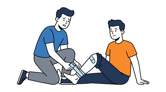 Young man helping his injured friend walk after a minor accident