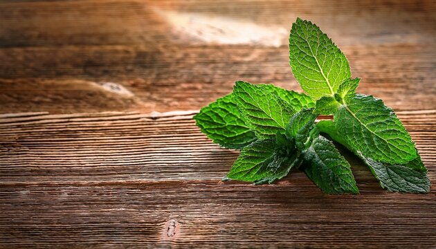 fresh green mint leaves on rustic wooden surface