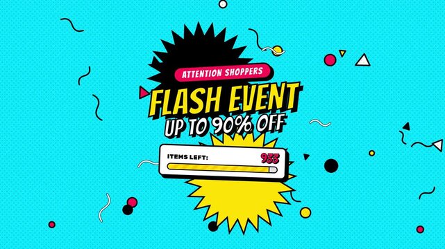 Flash event sale promotion motion graphics with 90 percent off banners and sold out sign on blue pop art background