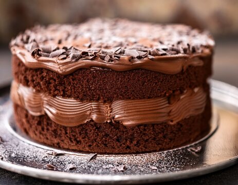 close up of delicious chocolate cake on a metal plate with crumbly texture