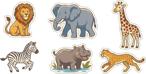 Obraz premium Animal Vector Illustration Set Featuring a Lion, Elephant, Giraffe, Zebra, Hippo, and Cheetah