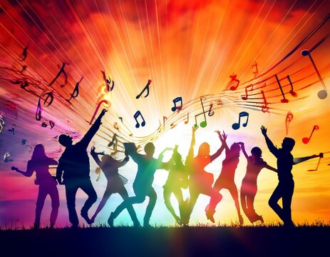 colorful silhouettes dancing with musical notes in a vibrant background